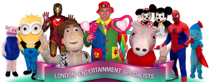 Montage of Adam's Amazing Party Mascots and performers including Ironman, Percy The Piglet, Spiderman and micky mouse
